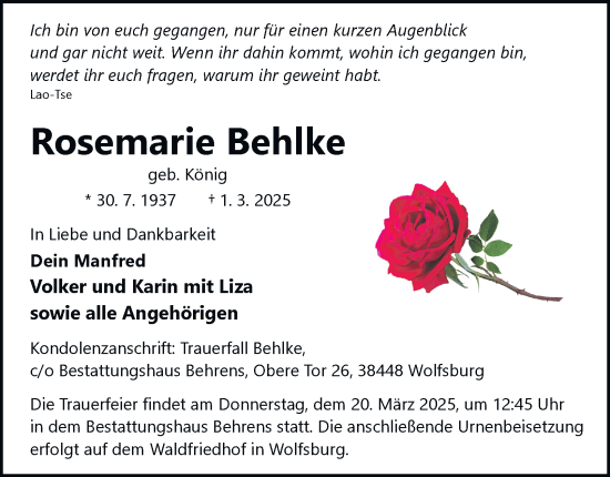 Traueranzeige von Rosemarie Behlke 