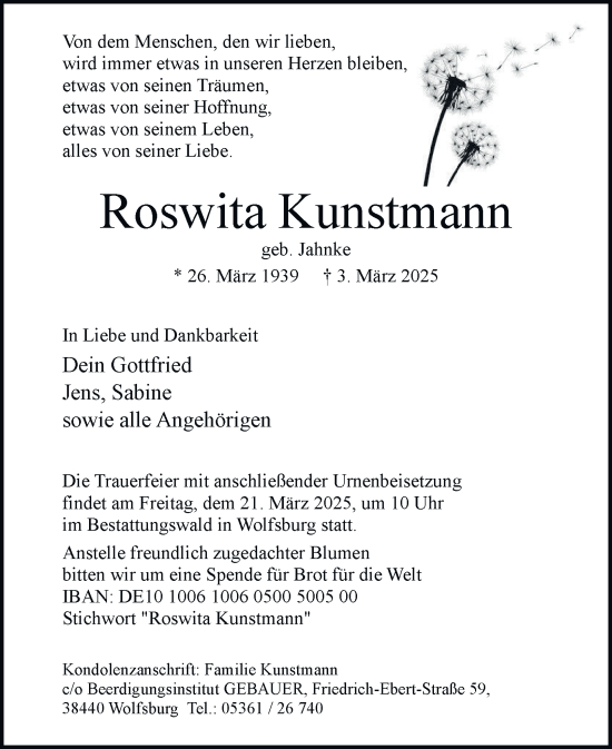 Traueranzeige von Roswita Kunstmann 