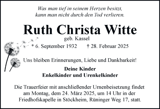 Traueranzeige von Ruth Christa Witte 
