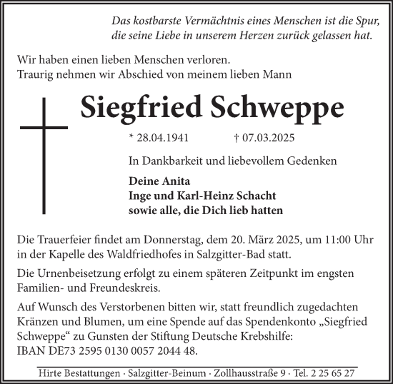 Traueranzeige von Siegfried Schweppe von Salzgitter-Zeitung
