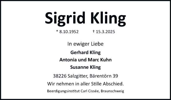 Traueranzeige von Sigrid Kling von Salzgitter-Zeitung