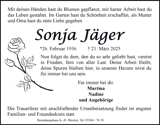 Traueranzeige von Sonja Jäger 