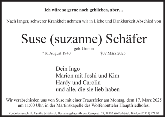 Traueranzeige von Suse Schäfer von Wolfenbütteler Zeitung