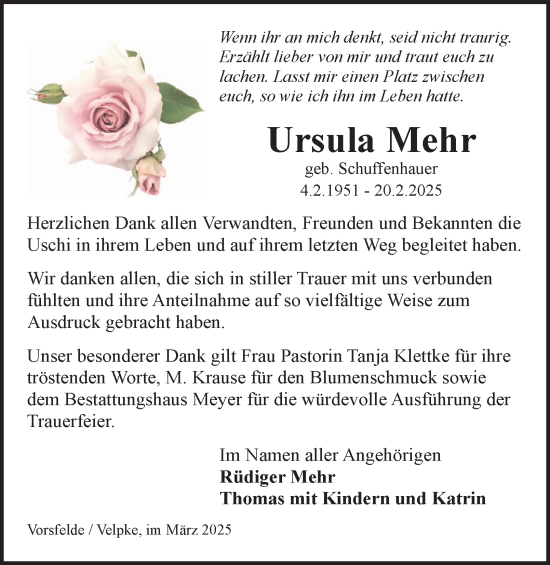 Traueranzeige von Ursula Mehr 