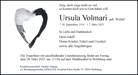 Traueranzeige von Ursula Volmari 