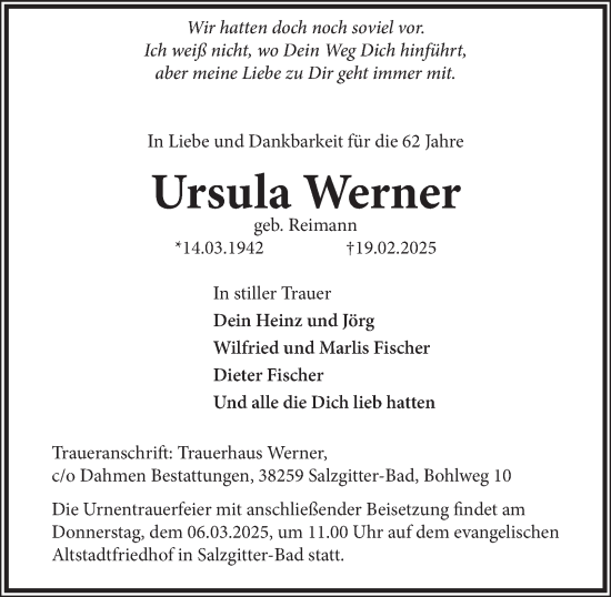 Traueranzeige von Ursula Werner von Salzgitter-Zeitung