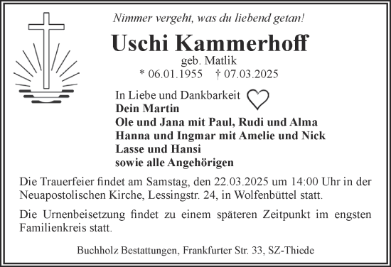 Traueranzeige von Uschi Kammerhoff von Salzgitter-Zeitung, Wolfenbütteler Zeitung