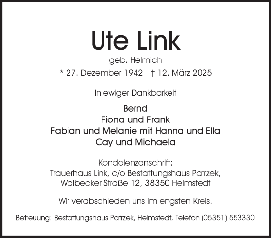Traueranzeige von Ute Link von Helmstedter Nachrichten