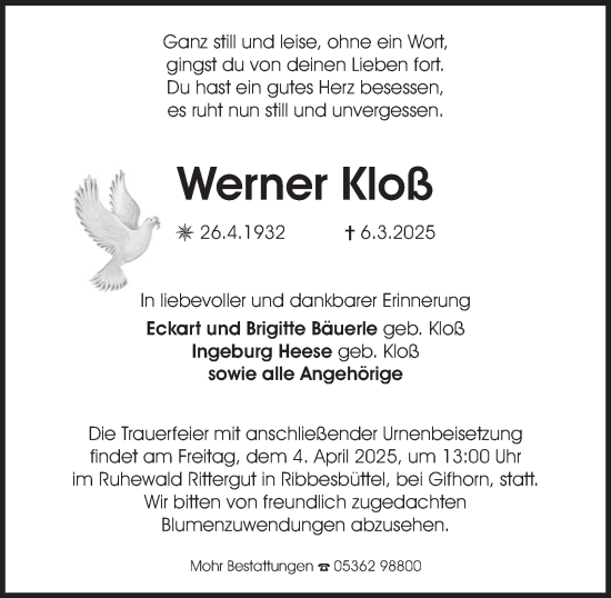 Traueranzeige von Werner Kloß 