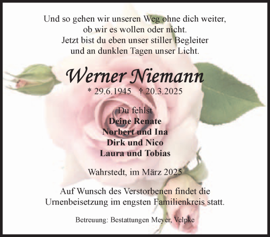 Traueranzeige von Werner Niemann von Helmstedter Nachrichten