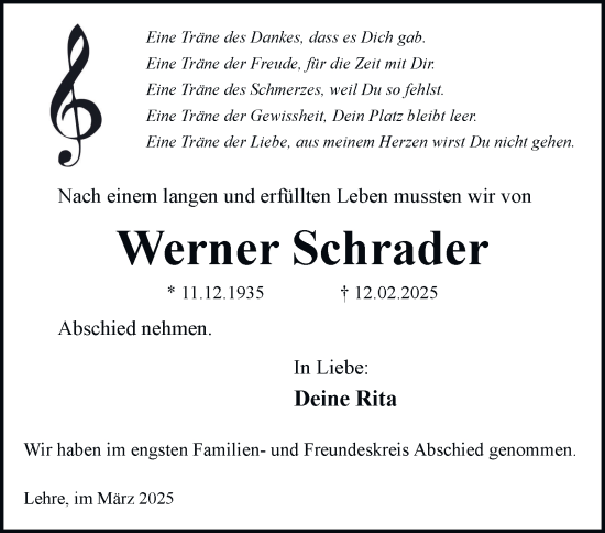 Traueranzeige von Werner Schrader 