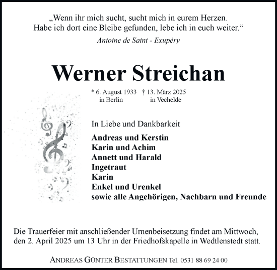 Traueranzeige von Werner Streichan 