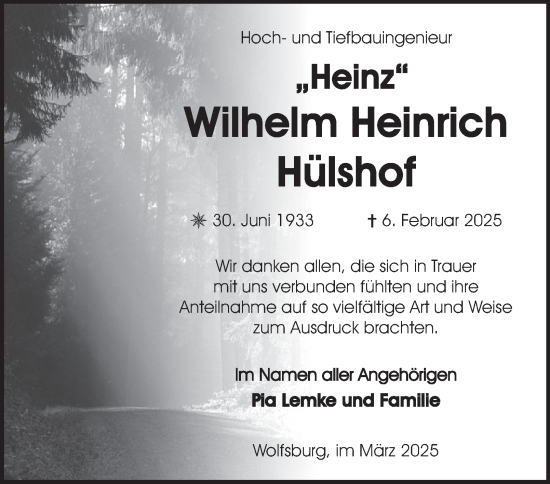 Traueranzeige von Wilhelm  Hülshof 