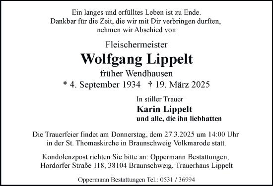 Traueranzeige von Wolfgang Lippelt 