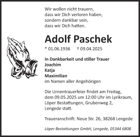 Traueranzeige von Adolf Paschek von Peiner Nachrichten