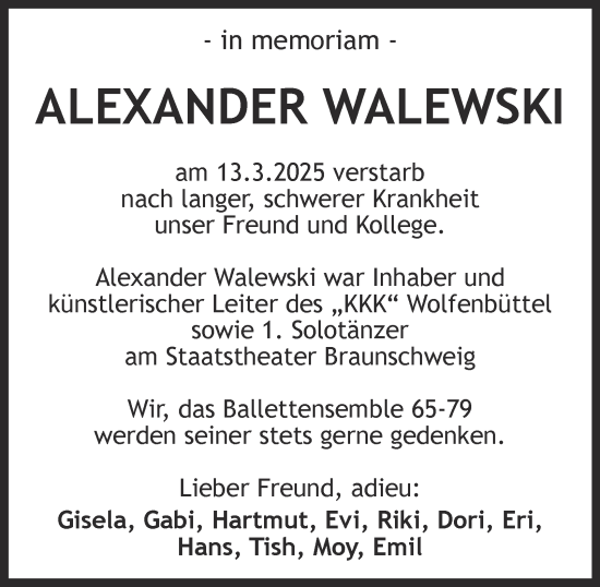 Traueranzeige von Alexander Walewski von Wolfenbütteler Zeitung