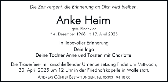 Traueranzeige von Anke Heim 