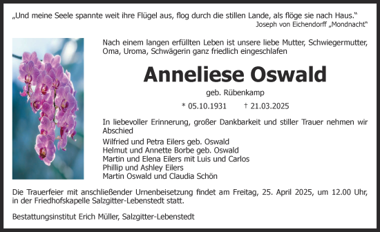 Traueranzeige von Anneliese Oswald von Salzgitter-Zeitung