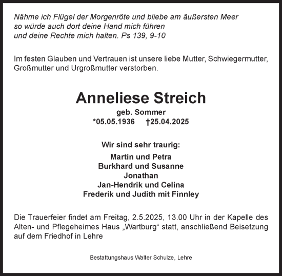 Traueranzeige von Anneliese Streich 