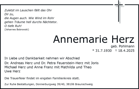 Traueranzeige von Annemarie Herz 