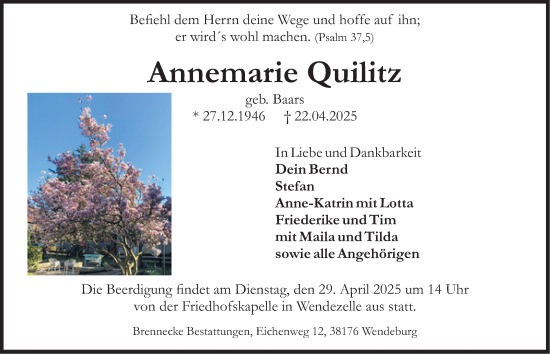 Traueranzeige von Annemarie Quilitz von Peiner Nachrichten