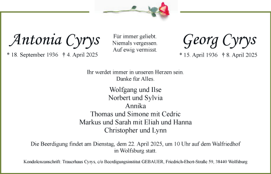 Traueranzeige von Antonia Cyrys 