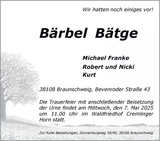 Traueranzeige von Bärbel Bätge 