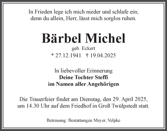 Traueranzeige von Bärbel Michel von Helmstedter Nachrichten