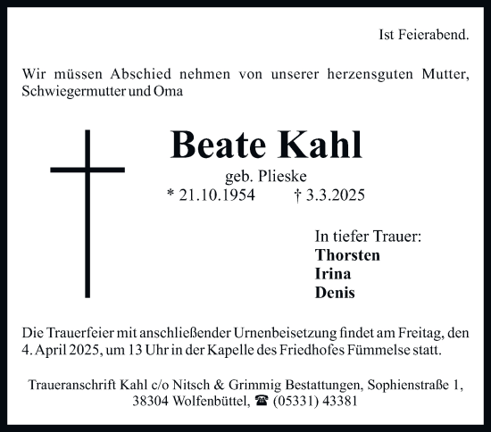 Traueranzeige von Beate Kahl von Wolfenbütteler Zeitung