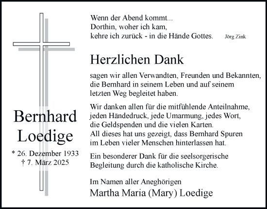 Traueranzeige von Bernhard Loedige 
