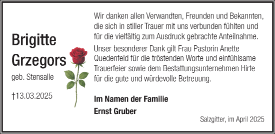 Traueranzeige von Brigitte Grzegors von Salzgitter-Zeitung