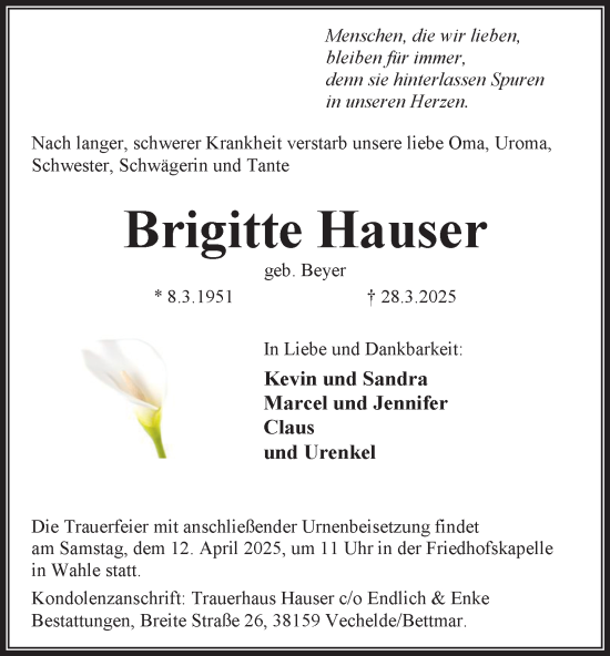 Traueranzeige von Brigitte Hauser von Peiner Nachrichten