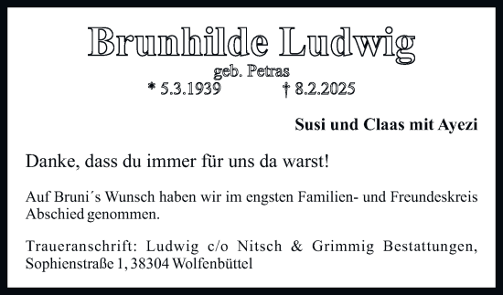 Traueranzeige von Brunhilde Ludwig 