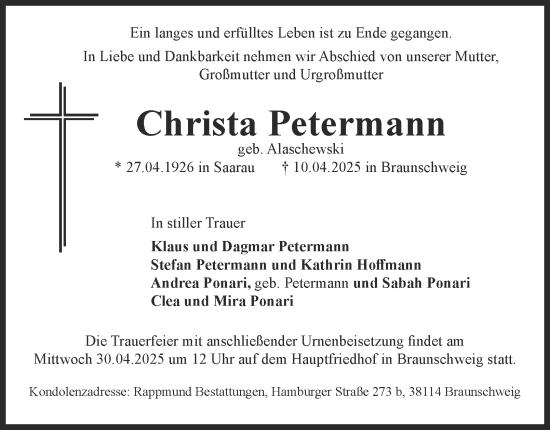 Traueranzeige von Christa Petermann 