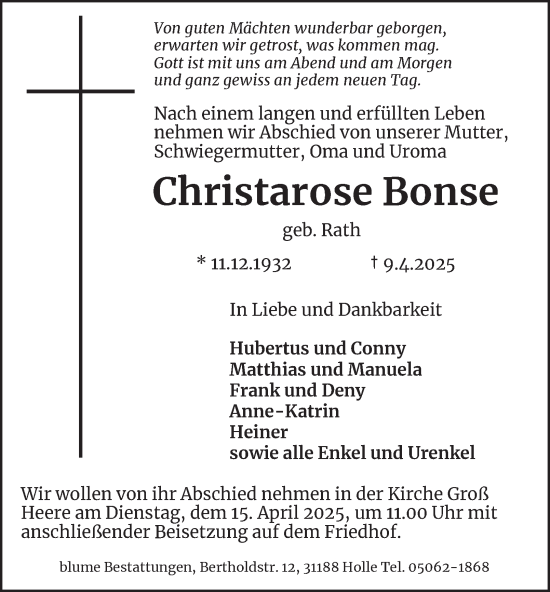 Traueranzeige von Christarose Bonse von Salzgitter-Zeitung