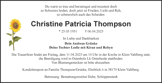 Traueranzeige von Christine Patricia Thompson 