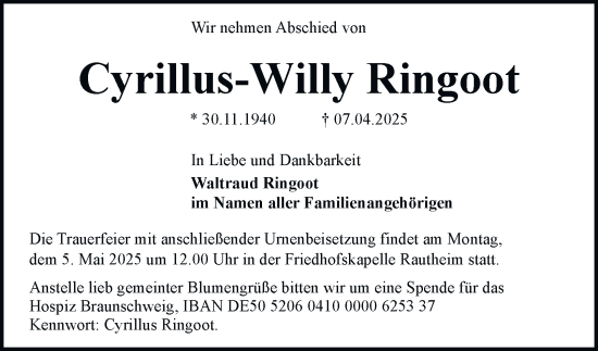 Traueranzeige von Cyrillus-Willy Ringoot 