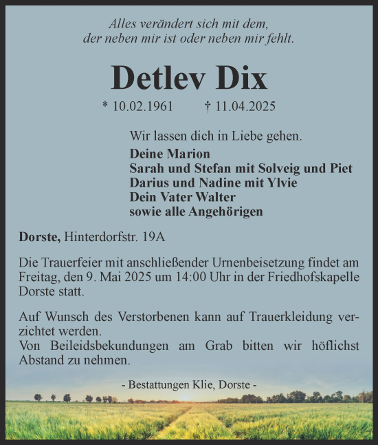 Traueranzeige von Detlev Dix 