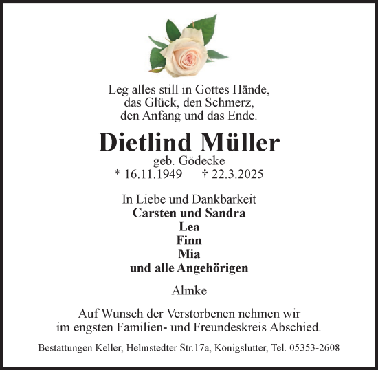 Traueranzeige von Dietlind Müller von Helmstedter Nachrichten