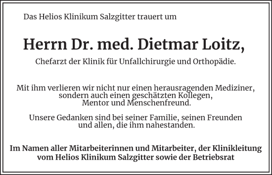 Traueranzeige von Dietmar Loitz von Salzgitter-Zeitung