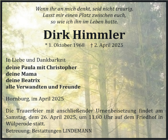 Traueranzeige von Dirk Himmler von Wolfenbütteler Zeitung