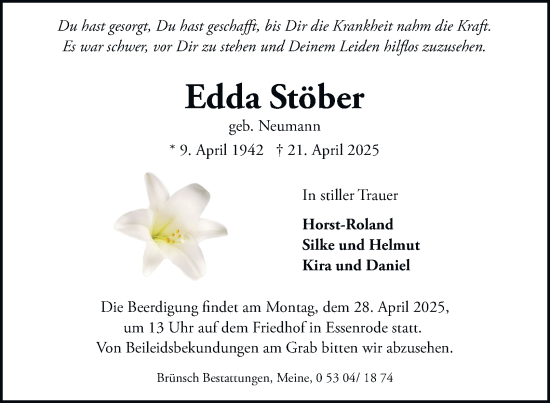 Traueranzeige von Edda Stöber von Helmstedter Nachrichten