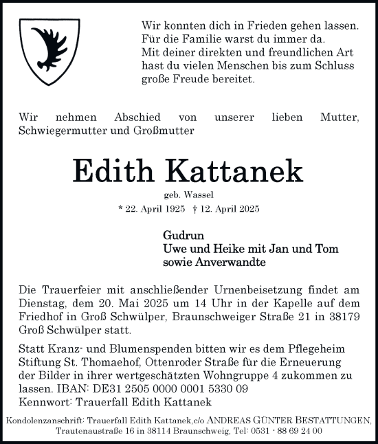 Traueranzeige von Edith Kattanek 