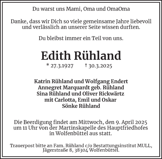 Traueranzeige von Edith Rühland von Wolfenbütteler Zeitung