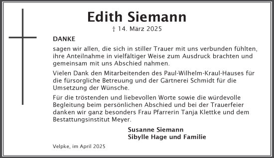 Traueranzeige von Edith Siemann von Helmstedter Nachrichten