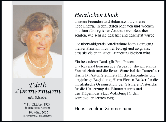 Traueranzeige von Edith Zimmermann 