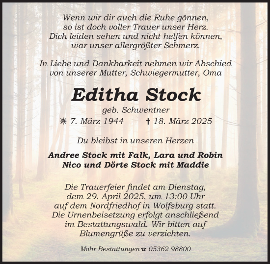 Traueranzeige von Editha Stock 