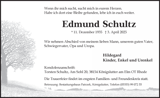 Traueranzeige von Edmund Schultz von Helmstedter Nachrichten
