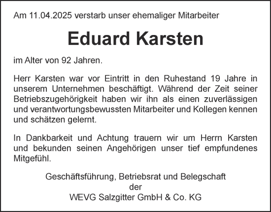Traueranzeige von Eduard Karsten von Salzgitter-Zeitung