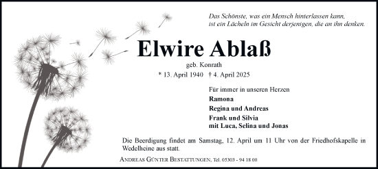 Traueranzeige von Elwire Ablaß 